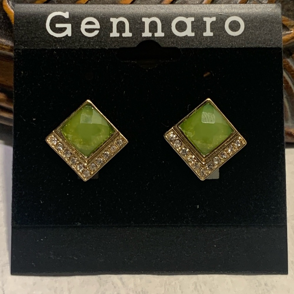 Gennaro Green Square and Clear Crystals Pierced Earrings